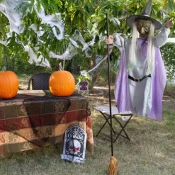 Halloween Flying Witch Decoration Scary Sounds Lights Outdoor Garden Yard Decor Large Hovering Witch Prop with Glowing Eyes Spooky Sounds