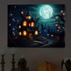 Halloween Full Moon Haunted Village LED Canvas Wall Art - Battery Operated Lighted Wall Decor for 2025 Halloween home decoration light livingroom and bedroom