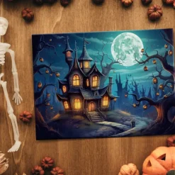 Halloween Full Moon Haunted Village LED Canvas Wall Art - Battery Operated Lighted Wall Decor for 2025 Halloween home decoration light livingroom and bedroom