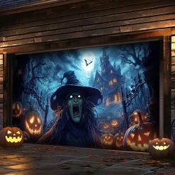 Halloween Garage Door Cover – Witch with Pumpkins & Bats, Outdoor Decoration for 2025 Halloween Home Front Yard