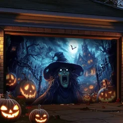 Halloween Garage Door Cover – Witch with Pumpkins & Bats, Outdoor Decoration for 2025 Halloween Home Front Yard