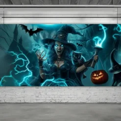 Halloween Garage Door Cover – Witch with Pumpkins & Bats, Outdoor Decoration for 2025 Halloween Home Front Yard