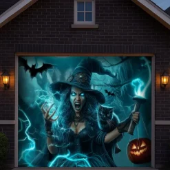 Halloween Garage Door Cover – Witch with Pumpkins & Bats, Outdoor Decoration for 2025 Halloween Home Front Yard