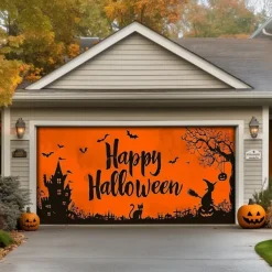 Halloween Garage Door Cover Banner Backdrop – Oversized Skeleton Moon Scene with Pumpkins, Includes Ropes and Hooks, Outdoor Decoration for 2025 Halloween Home Front Yard