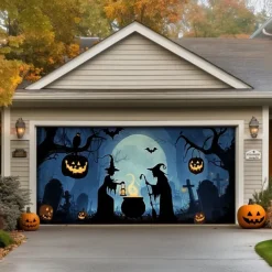 Halloween Garage Door Cover Banner Backdrop – Oversized Skeleton Moon Scene with Pumpkins, Includes Ropes and Hooks, Outdoor Decoration for 2025 Halloween Home Front Yard