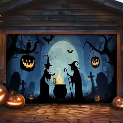 Halloween Garage Door Cover Banner Backdrop – Oversized Skeleton Moon Scene with Pumpkins, Includes Ropes and Hooks, Outdoor Decoration for 2025 Halloween Home Front Yard