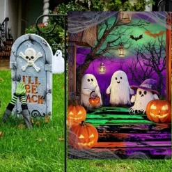 Halloween Garden Flag Banner – Neon-Style "Welcome" Witch with Spiral, Double-Sided Weather-Resistant Yard Flag for 2025 Halloween Holiday Outdoor Lawn, Porch Decoration