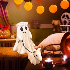 Halloween Ghost Walking Dog Statue - Spooky Figurine for Home Tabletop Decorations