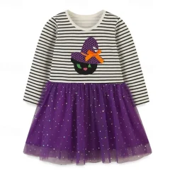 Halloween Girls' 3D Cartoon Striped Dress Long Sleeve Spring Fall Daily Holiday Vacation Princess Beautiful Sweet Kids 4-7 Years Casual Dress Tulle Dress Knee-length Cotton Regular Fit