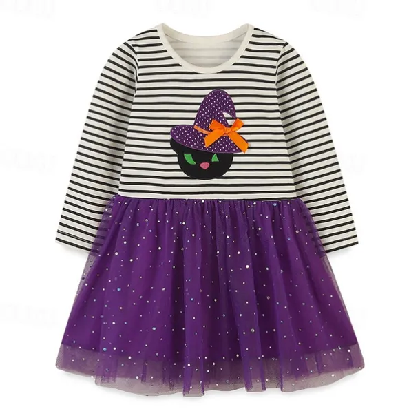 Halloween Girls' 3D Cartoon Striped Dress Long Sleeve Spring Fall Daily Holiday Vacation Princess Beautiful Sweet Kids 4-7 Years Casual Dress Tulle Dress Knee-length Cotton Regular Fit