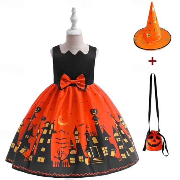 Halloween Girls' 3D Castle Dress Sleeveless Summer Spring Performance Party Birthday Beautiful Halloween Custome Kids 4-12 Years Party Dress Swing Dress A Line Dress Midi Polyester Regular Fit