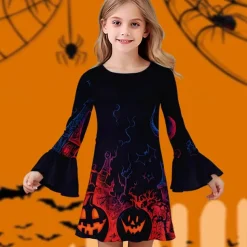 Halloween Girls' 3D Graphic Pumpkin Dress Ruffle Dress Long Sleeve Summer Spring Daily Holiday Vacation Beautiful Halloween Custome Kids 4-12 Years Casual Dress Knee-length Polyester Regular Fit