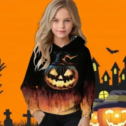 Halloween Girls' 3D Graphic Pumpkin Hoodie Long Sleeve Fall Winter Fashion Basic Polyester Kids 4-12 Years Hooded Outdoor Casual Daily Regular Fit