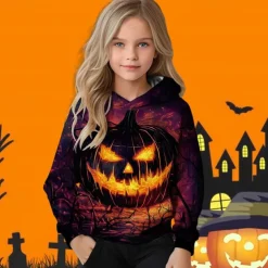 Halloween Girls' 3D Graphic Pumpkin Hoodie Long Sleeve Fall Winter Fashion Basic Polyester Kids 4-12 Years Hooded Outdoor Casual Daily Regular Fit