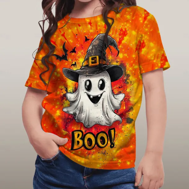 Halloween Girls' 3D Graphic Ghost T shirt Tee Short Sleeve Summer Spring Fashion Basic Polyester Kids 4-12 Years Crew Neck Outdoor Casual Daily Regular Fit