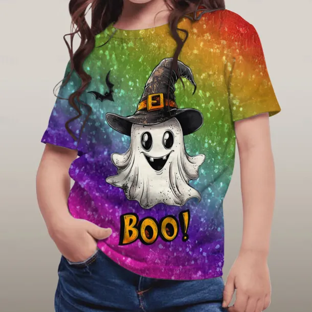 Halloween Girls' 3D Graphic Ghost T shirt Tee Short Sleeve Summer Spring Fashion Basic Polyester Kids 4-12 Years Crew Neck Outdoor Casual Daily Regular Fit