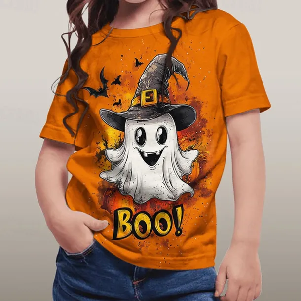Halloween Girls' 3D Graphic Ghost T shirt Tee Short Sleeve Summer Spring Fashion Basic Polyester Kids 4-12 Years Crew Neck Outdoor Casual Daily Regular Fit