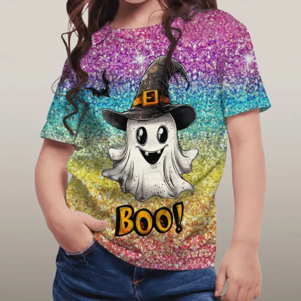 Halloween Girls' 3D Graphic Ghost T shirt Tee Short Sleeve Summer Spring Fashion Basic Polyester Kids 4-12 Years Crew Neck Outdoor Casual Daily Regular Fit