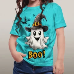 Halloween Girls' 3D Graphic Ghost T shirt Tee Short Sleeve Summer Spring Fashion Basic Polyester Kids 4-12 Years Crew Neck Outdoor Casual Daily Regular Fit