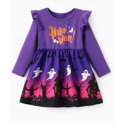Halloween Girls' 3D Graphic Ghost Dress Ruffle Dress Long Sleeve Summer Spring Daily Holiday Vacation Princess Beautiful Sweet Kids 4-12 Years Casual Dress A Line Dress Knee-length Polyester Regular