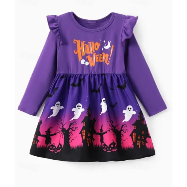 Halloween Girls' 3D Graphic Ghost Dress Ruffle Dress Long Sleeve Summer Spring Daily Holiday Vacation Princess Beautiful Sweet Kids 4-12 Years Casual Dress A Line Dress Knee-length Polyester Regular