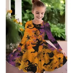 Halloween Girls' 3D Graphic Witch Bat Dress Long Sleeve Summer Spring Daily Holiday Vacation Beautiful Sweet Kids 4-12 Years Casual Dress A Line Dress Knee-length Polyester Regular Fit