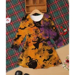 Halloween Girls' 3D Graphic Witch Bat Dress Long Sleeve Summer Spring Daily Holiday Vacation Beautiful Sweet Kids 4-12 Years Casual Dress A Line Dress Knee-length Polyester Regular Fit