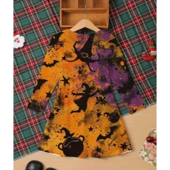 Halloween Girls' 3D Graphic Witch Bat Dress Long Sleeve Summer Spring Daily Holiday Vacation Beautiful Sweet Kids 4-12 Years Casual Dress A Line Dress Knee-length Polyester Regular Fit