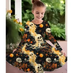 Halloween Girls' 3D Graphic Witch Bat Dress Long Sleeve Summer Spring Daily Holiday Vacation Beautiful Sweet Kids 4-12 Years Casual Dress A Line Dress Knee-length Polyester Regular Fit
