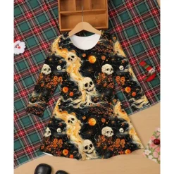 Halloween Girls' 3D Graphic Witch Bat Dress Long Sleeve Summer Spring Daily Holiday Vacation Beautiful Sweet Kids 4-12 Years Casual Dress A Line Dress Knee-length Polyester Regular Fit