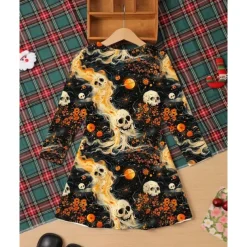 Halloween Girls' 3D Graphic Witch Bat Dress Long Sleeve Summer Spring Daily Holiday Vacation Beautiful Sweet Kids 4-12 Years Casual Dress A Line Dress Knee-length Polyester Regular Fit