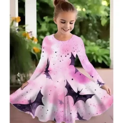 Halloween Girls' 3D Graphic Witch Bat Dress Long Sleeve Summer Spring Daily Holiday Vacation Beautiful Sweet Kids 4-12 Years Casual Dress A Line Dress Knee-length Polyester Regular Fit