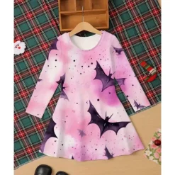Halloween Girls' 3D Graphic Witch Bat Dress Long Sleeve Summer Spring Daily Holiday Vacation Beautiful Sweet Kids 4-12 Years Casual Dress A Line Dress Knee-length Polyester Regular Fit