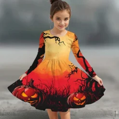 Halloween Girls' 3D Graphic Halloween pumpkin Dress Long Sleeve Summer Spring Daily Holiday Vacation Beautiful Halloween Custome Kids 4-12 Years Casual Dress A Line Dress Knee-length Polyester