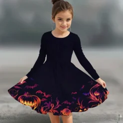Halloween Girls' 3D Graphic Halloween pumpkin Dress Long Sleeve Summer Spring Daily Holiday Vacation Beautiful Halloween Custome Kids 4-12 Years Casual Dress A Line Dress Knee-length Polyester