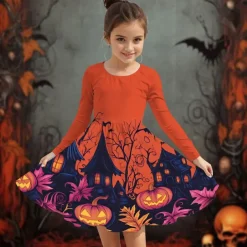 Halloween Girls' 3D Graphic Halloween pumpkin Dress Long Sleeve Summer Spring Daily Holiday Vacation Beautiful Halloween Custome Kids 4-12 Years Casual Dress A Line Dress Knee-length Polyester