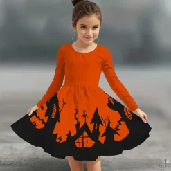Halloween Girls' 3D Graphic Halloween pumpkin Dress Long Sleeve Summer Spring Daily Holiday Vacation Beautiful Halloween Custome Kids 4-12 Years Casual Dress A Line Dress Knee-length Polyester
