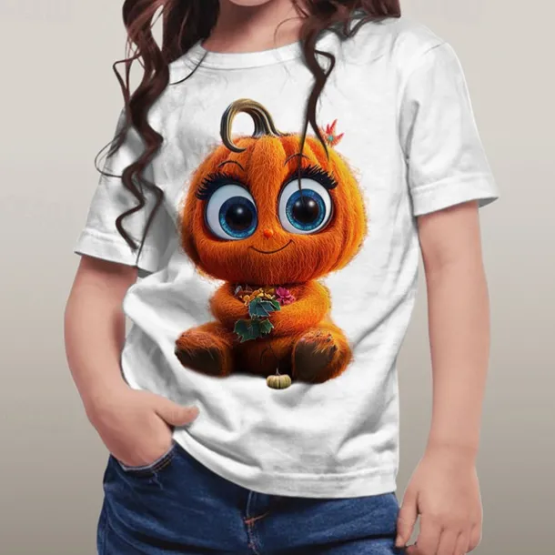 Halloween Girls' 3D Graphic Cartoon Pumpkin T shirt Tee Short Sleeve Summer Spring Fashion Basic Polyester Kids 4-12 Years Crew Neck Outdoor Casual Daily Regular Fit