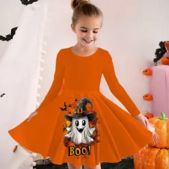Halloween Girls' 3D Graphic Ghost Dress Long Sleeve Summer Spring Daily Holiday Vacation Princess Beautiful Sweet Kids 4-12 Years Casual Dress A Line Dress Knee-length Polyester Regular Fit