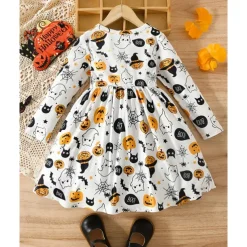 Halloween Girls' 3D Graphic Halloween pumpkin Dress Long Sleeve Spring Fall Daily Holiday Vacation Princess Beautiful Sweet Kids 4-12 Years Casual Dress A Line Dress Knee-length Polyester Regular Fit