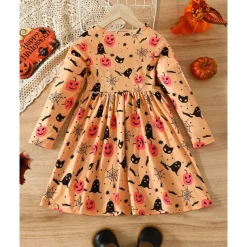 Halloween Girls' 3D Graphic Halloween pumpkin Dress Long Sleeve Spring Fall Daily Holiday Vacation Princess Beautiful Sweet Kids 4-12 Years Casual Dress A Line Dress Knee-length Polyester Regular Fit