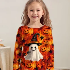 Halloween Girls' 3D Graphic Pumpkin Ghost T shirt Tee Long Sleeve Spring Fall Fashion Basic Polyester Kids 4-12 Years Crew Neck Outdoor Casual Daily Regular Fit