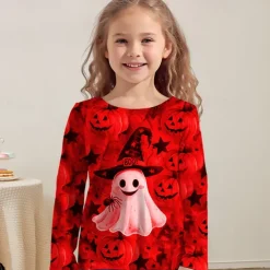 Halloween Girls' 3D Graphic Pumpkin Ghost T shirt Tee Long Sleeve Spring Fall Fashion Basic Polyester Kids 4-12 Years Crew Neck Outdoor Casual Daily Regular Fit