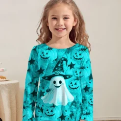 Halloween Girls' 3D Graphic Pumpkin Ghost T shirt Tee Long Sleeve Spring Fall Fashion Basic Polyester Kids 4-12 Years Crew Neck Outdoor Casual Daily Regular Fit