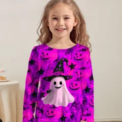 Halloween Girls' 3D Graphic Pumpkin Ghost T shirt Tee Long Sleeve Spring Fall Fashion Basic Polyester Kids 4-12 Years Crew Neck Outdoor Casual Daily Regular Fit