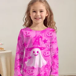 Halloween Girls' 3D Graphic Pumpkin Ghost T shirt Tee Long Sleeve Spring Fall Fashion Basic Polyester Kids 4-12 Years Crew Neck Outdoor Casual Daily Regular Fit