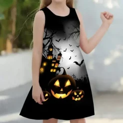 Halloween Girls' 3D Halloween pumpkin Cami Dress Sleeveless 3D Print Summer Daily Holiday Vacation Casual Halloween Custome Kids 4-12 Years Strap Dress A Line Dress Above Knee Polyester Regular Fit