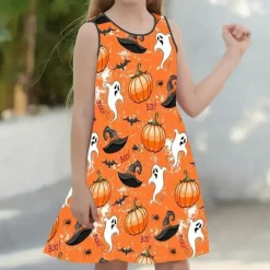 Halloween Girls' 3D Halloween pumpkin Cami Dress Sleeveless 3D Print Summer Daily Holiday Vacation Casual Halloween Custome Kids 4-12 Years Strap Dress A Line Dress Above Knee Polyester Regular Fit
