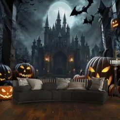 Halloween Gothic Castle Wall Tapestry – Spooky Night Scene with Pumpkins and Bats, Horror Haunted Castle Backdrop for 2025 HALLOWEEN Living Room, Bedroom, Party Decoration