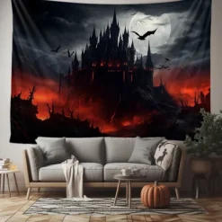 Halloween Gothic Castle Wall Tapestry – Spooky Night Scene with Pumpkins and Bats, Horror Haunted Castle Backdrop for 2025 HALLOWEEN Living Room, Bedroom, Party Decoration